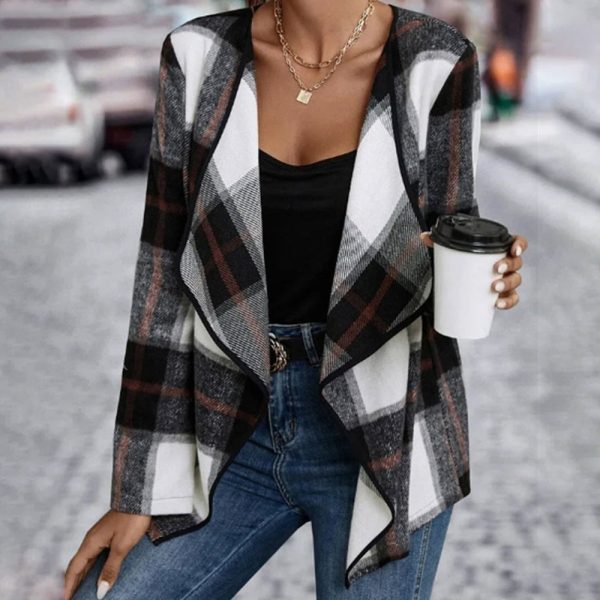 Black White and Red Plaid Open Outerwear