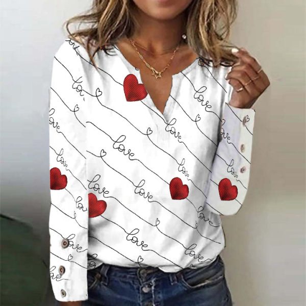 Love Red Heart Long Sleeve White Top