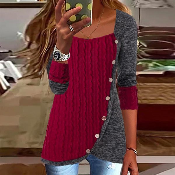 Ribbed Red Wine Gray Asymmetrical Color Block Top