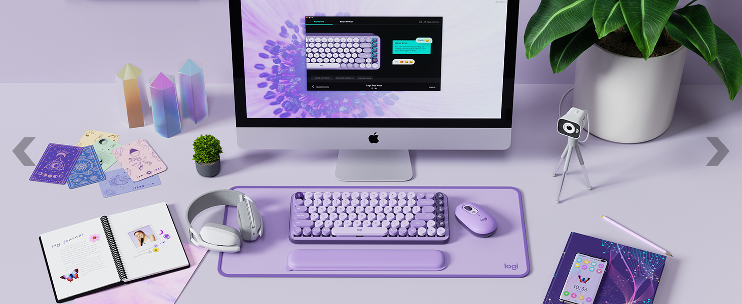 pop keys wireless and pop mouse cosmos purple, zone vibe 100 wireless white headset, streamcam white