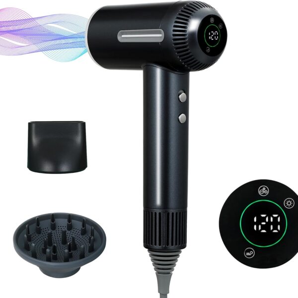 Hair Dryer,7 Temps&31 Modes.Intelligent Temperature Control,LCD Display,Self-Cleaning Mode,Facial Care Mode.1600W Ionic Blow Dryer.Low Noise Thermo-Control Hair Dryer with Diffuser and Nozzle