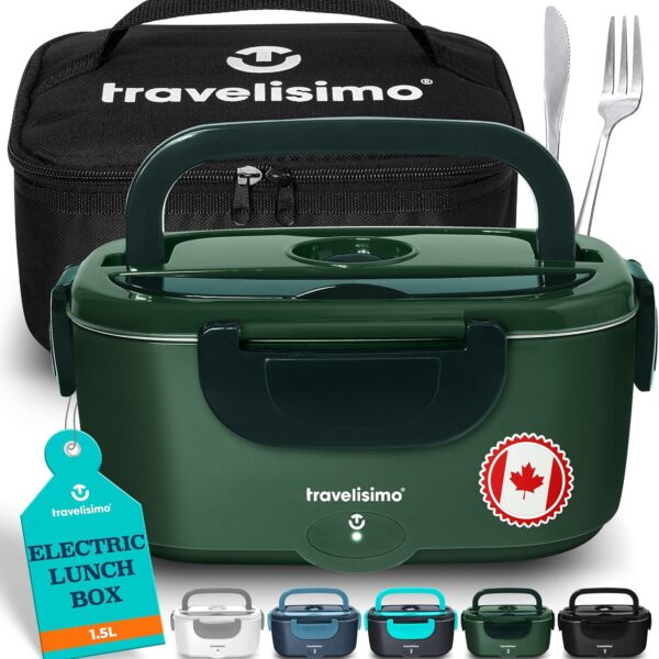 TRAVELISIMO Electric Lunch Box Food Heater, 80W 1.5L Self Heating Lunch Box 12V/24V/110V Heated LunchBox for Men & Women, Stainless Steel Portable Food Warmer LunchBox for Car/Truck/Office