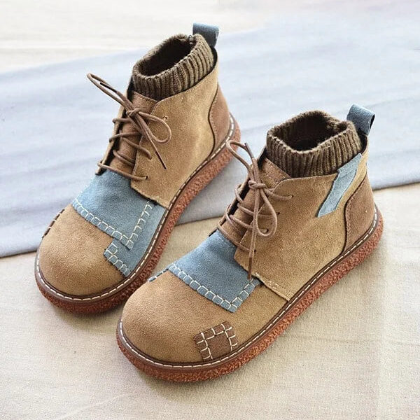 Khaki Stitching Handmade Retro Winter Ankle Boots