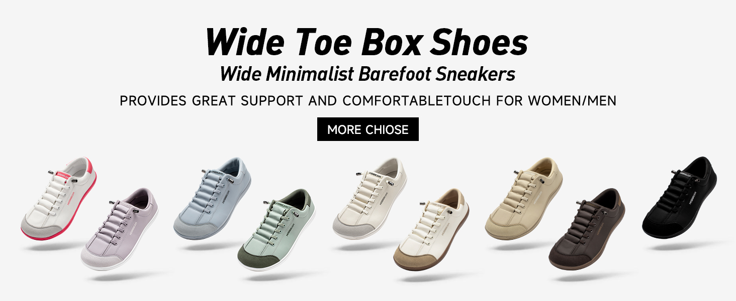 Text reads 'Wide Toe Box Shoes'. Product lineup showing multiple pairs of shoes in different colors arranged in a row.
