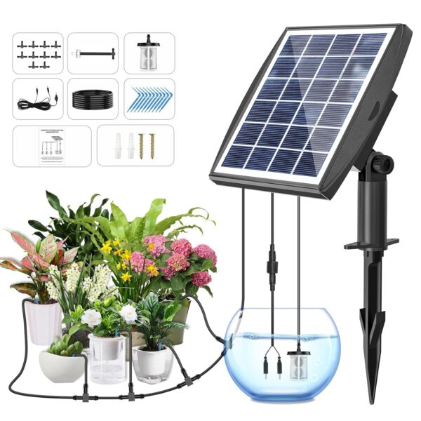 Solar Powered Drip Irrigation System, Solar Automatic Garden Watering Outdoor Greenhouse Accessories Supported 15 Pots Plants & 6 Timer Modes