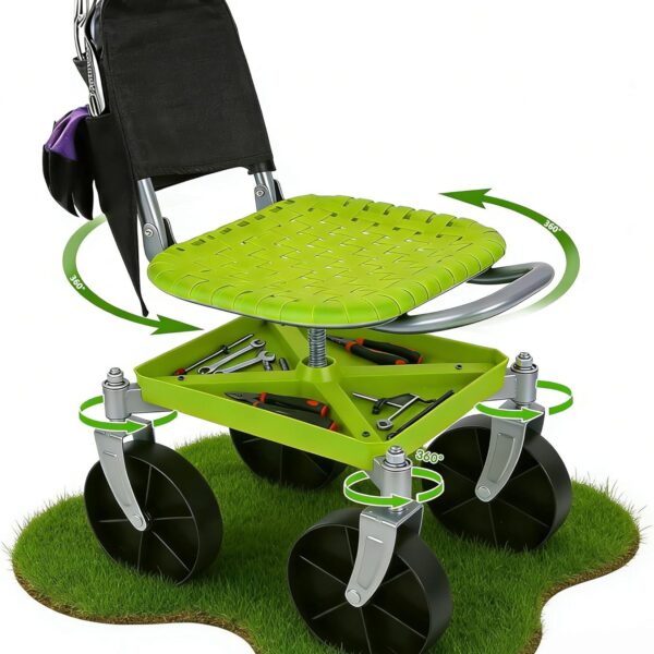 Outdoor Garden Stool with 360° Swivel Caster Wheels, Rolling Garden Cart with 360° Swivel Seat, Height Adjustment, Back Tool Pouch & Under-Seat Tray, Gardening Gifts for Women, Parents, Seniors