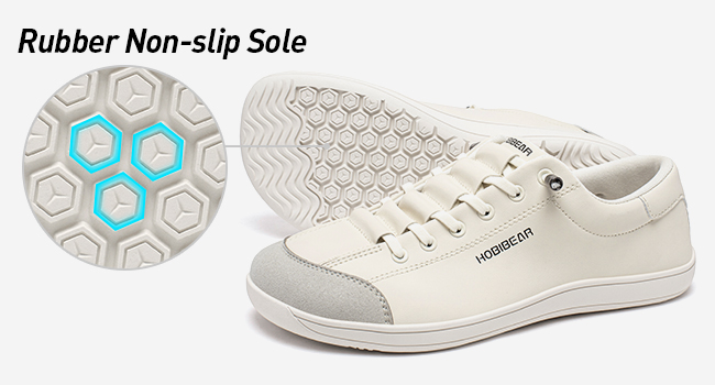 Text reads 'Rubber Non-slip Sole'. White sneakers shown from multiple angles, featuring detailed views of hexagonal patterned rubber sole design.