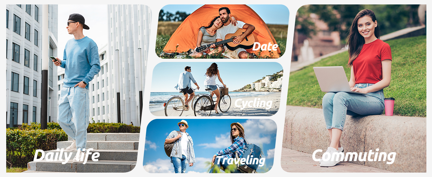 Series of outdoor activity images showing cycling, running, and climbing activities. Text visible includes 'DailyWork', 'Commuting'.